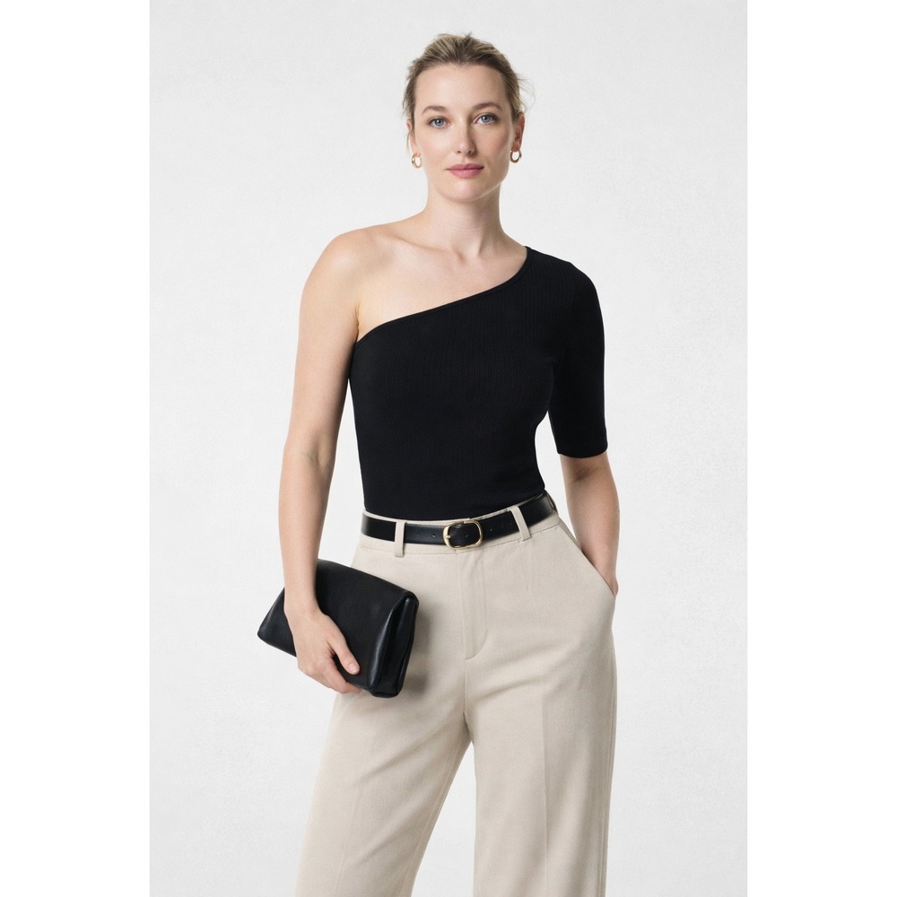 SPANX Black Ribbed One Shoulder Top Size L Minimalist Y2K Chic Nightout Capsule